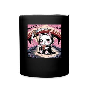Grim Reaper Anime Cat Cherry Blossom - Full Colour Mug - black - Front