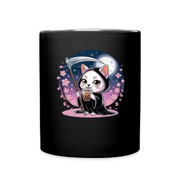 Grim Reaper Anime Cat Cherry Blossom - Full Colour Mug - black - Front