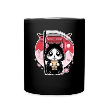 Grim Reaper Anime Cat Cherry Blossom - Full Colour Mug - black - Front