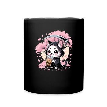 Grim Reaper Anime Cat Cherry Blossom - Full Colour Mug - black - Front