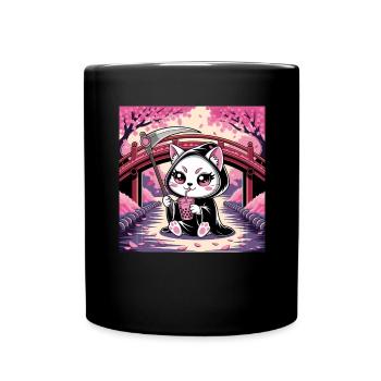 Grim Reaper Anime Cat Cherry Blossom - Full Colour Mug - black - Front