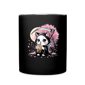 Grim Reaper Anime Cat Cherry Blossom - Full Colour Mug - black - Front