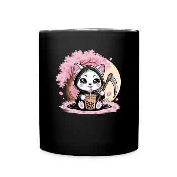 Grim Reaper Anime Cat Cherry Blossom - Full Colour Mug - black - Front