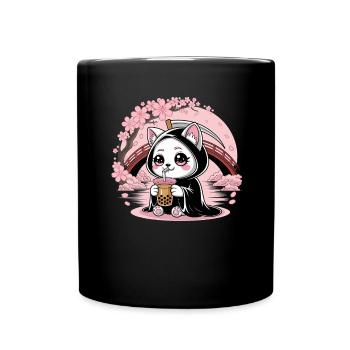 Grim Reaper Anime Cat Cherry Blossom - Full Colour Mug - black - Front