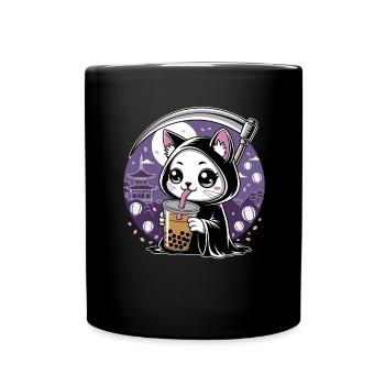 Grim Reaper Anime Cat Cherry Blossom - Full Colour Mug - black - Front