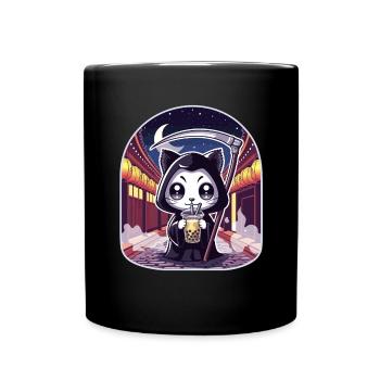 Grim Reaper Anime Cat Cherry Blossom - Full Colour Mug - black - Front