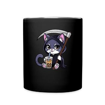 Grim Reaper Anime Cat Cherry Blossom - Full Colour Mug - black - Front