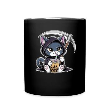 Grim Reaper Anime Cat Cherry Blossom - Full Colour Mug - black - Front