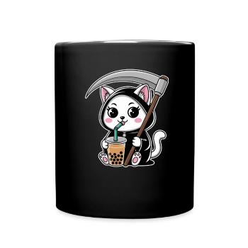 Grim Reaper Anime Cat Cherry Blossom - Full Colour Mug - black - Front