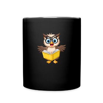 Cute owl with nerd glasses reading a book - Full Colour Mug - black - Front