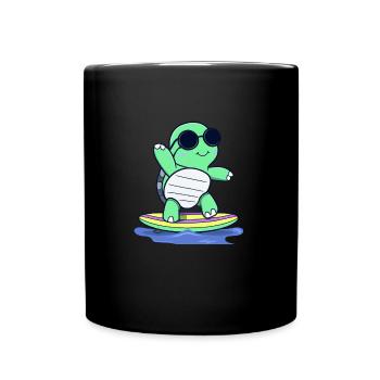 Kawaii Schildkröte auf Surfbrett mit Sonnenbrille - Tasse einfarbig - Schwarz - Vorne
