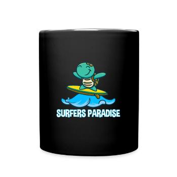Cute kawaii turtle on surfboard with surfers - Full Colour Mug - black - Front