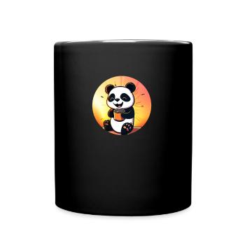 Süßer Panda sitzt und trinkt KAFFEE - Tasse einfarbig - Schwarz - Vorne