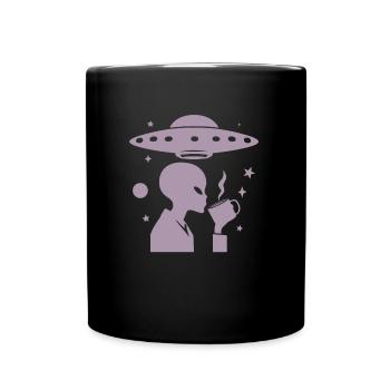 Alien Silhouette with Coffee & UFO - Full Colour Mug - black - Front