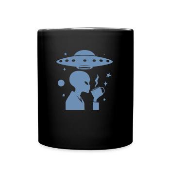 Alien Silhouette with Coffee & UFO - Full Colour Mug - black - Front