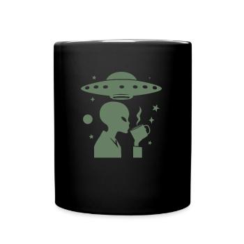Alien Silhouette with Coffee & UFO - Full Colour Mug - black - Front