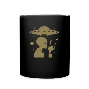 Alien Silhouette with Coffee & UFO - Full Colour Mug - black - Front