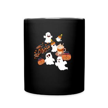 Halloween, pumpkin, ghosts, pumpkin latte, illu - Full Colour Mug - black - Front