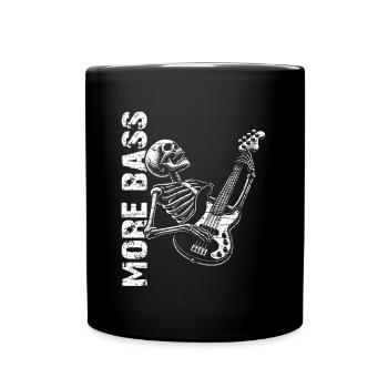 Skelett Skull mit Bassgitarre und Spruch Mehr Bass - Tasse einfarbig - Schwarz - Vorne