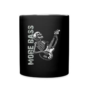 Skelett Skull mit Bassgitarre und Spruch Mehr Bass - Tasse einfarbig - Schwarz - Vorne