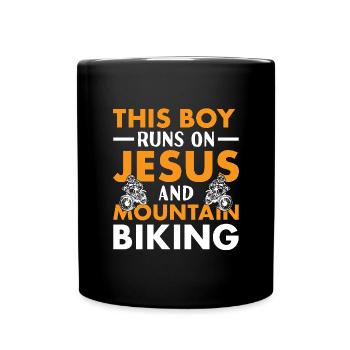 Biker This Boy Runs On Jesus And Mountain Biking - Full Colour Mug - black - Front