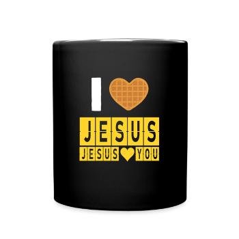 Ich Liebe Waffeln und Jesus Lustiger Glaube Spruch - Tasse einfarbig - Schwarz - Vorne