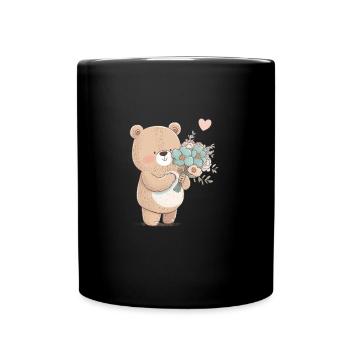 Cartoon Bear with Flowers and Heart - Full Colour Mug - black - Front