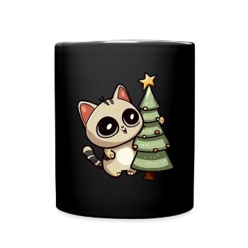 Weihnachtskatze: Beim festlichen Tannenbaum - Tasse einfarbig - Schwarz - Vorne