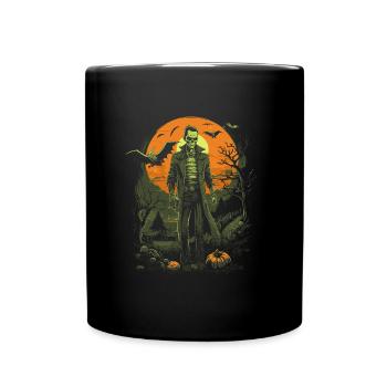 Skeleton zombie with bats in front of moon halloween - Full Colour Mug - black - Front