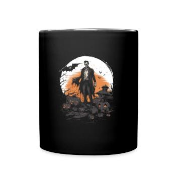 Skeleton zombie with pumpkins in cemetery - Full Colour Mug - black - Front