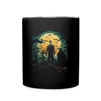 Skeleton zombie in foggy cemetery at full moon - Full Colour Mug - black - Front