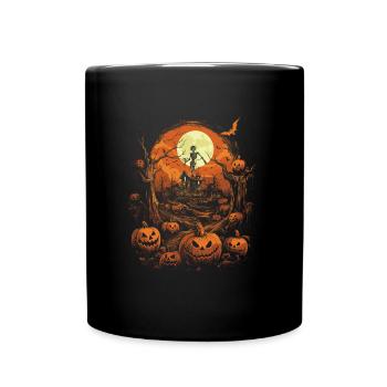 Haunted House with Pumpkins and Skeleton Full Moon - Full Colour Mug - black - Front