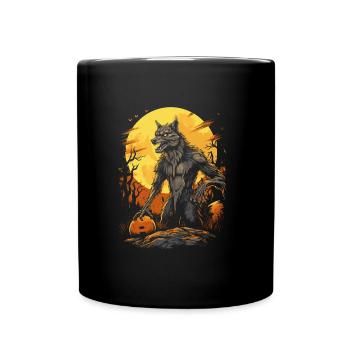 werewolf with pumpkin in front of full moon - Full Colour Mug - black - Front