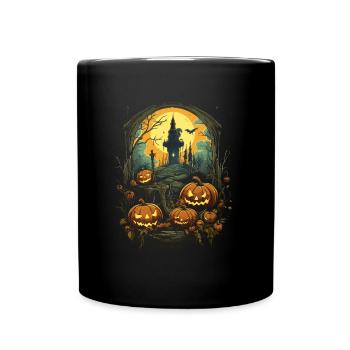 Citrouilles effrayantes devant la pleine lune de la tour étrange - Mug uni - noir - Devant