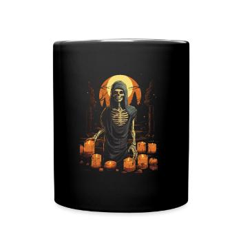 Skeleton with red eyes and candles in front of full moon - Full Colour Mug - black - Front