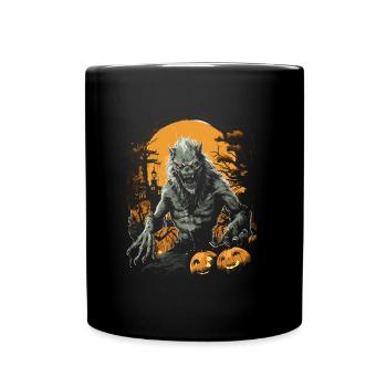 Loup-garou sauvage avec des citrouilles dans la pleine lune sombre - Mug uni - noir - Devant