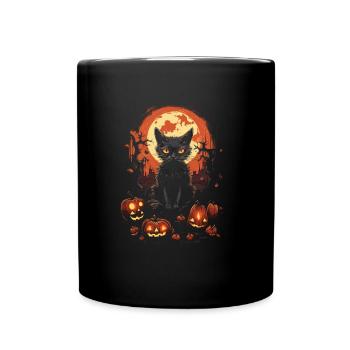 Gruselige Schwarze Katze Mit Kürbissen Halloween - Tasse einfarbig - Schwarz - Vorne