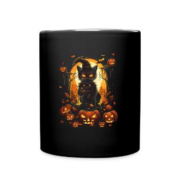 Chat sorcière noir avec des citrouilles et la pleine lune - Mug uni - noir - Devant