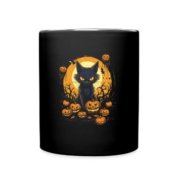 Chat noir effrayant avec des citrouilles et de la lune - Mug uni - noir - Devant