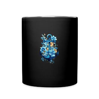 Blauer Anker mit blumigem Flair - Tasse einfarbig - Schwarz - Vorne
