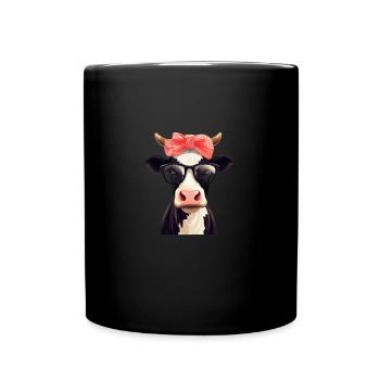 Black Comic Cow with Sunglasses Red Ribbon - Full Colour Mug - black - Front