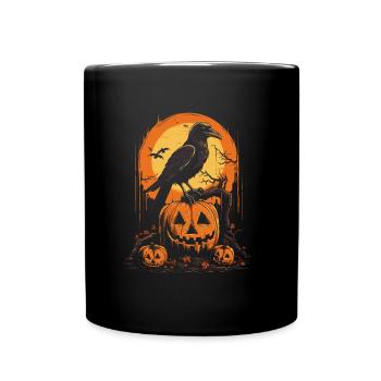 Raven on grinning pumpkin in front of full moon scene - Full Colour Mug - black - Front