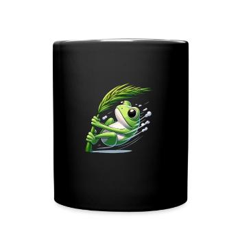 Comic Frosch klammert sich an Grashalm - Tasse einfarbig - Schwarz - Vorne