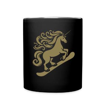 Minimalistisches Design: Einhorn Snowboarder - Tasse einfarbig - Schwarz - Vorne