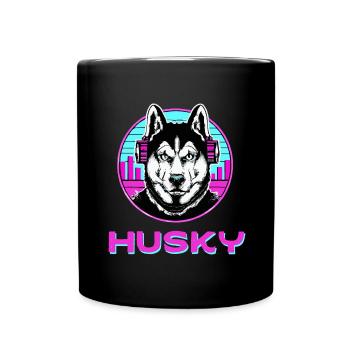Synthwave Husky Dog Malamute - Full Colour Mug - black - Front