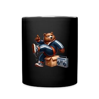 Ein 80er-Jahre-Bär beim Breakdance neben einem Ghettoblaster. - Tasse einfarbig - Schwarz - Vorne