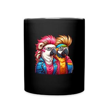 Bunt illustrierte Papageien mit Punkfrisuren - Tasse einfarbig - Schwarz - Vorne
