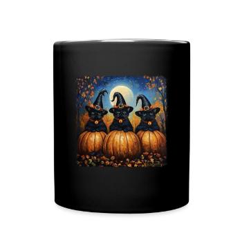 schwarze Katzen mit Kürbissen Halloween Herbst - Tasse einfarbig - Schwarz - Vorne