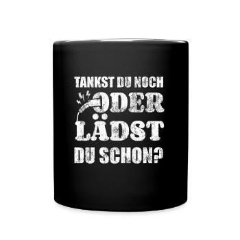 Elektroauto - E-Auto Aufladen Spruch - Tasse einfarbig - Schwarz - Vorne