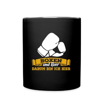 Boxen und Bier, darum bin ich hier - Spruch - Tasse einfarbig - Schwarz - Vorne